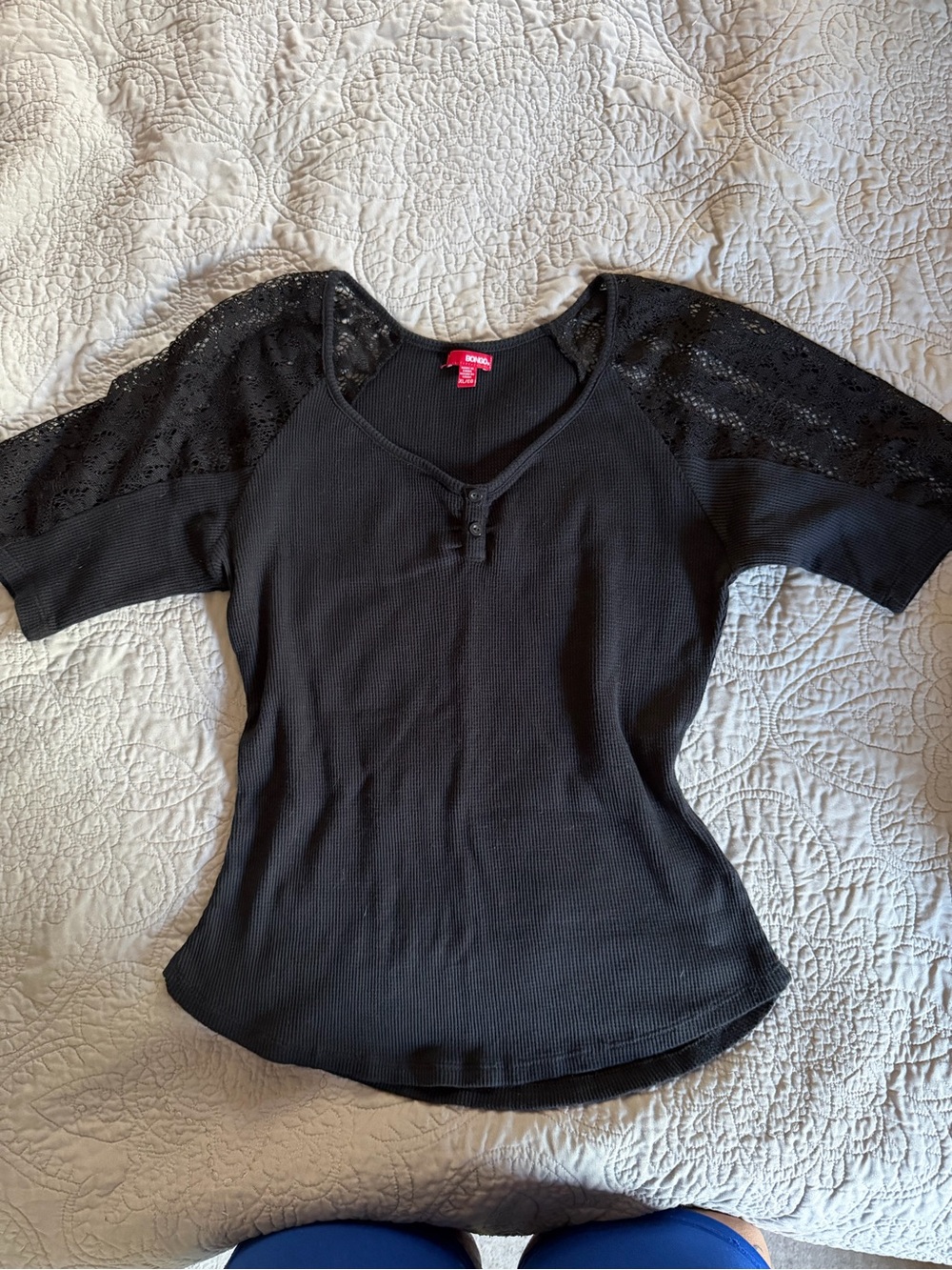 BONGO Black Lace-Sleeve Ribbed Henley Top